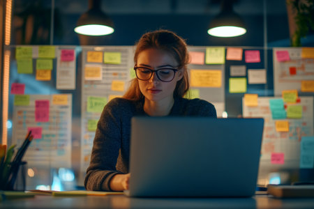 Focused young woman analyst in glasses using a laptop at night, working overtime in an office with many sticky notes on a boardの素材