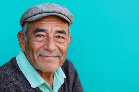 Senior Hispanic man confidently smiling, wearing a cap and casual clothing, looking directly at the cameraの素材