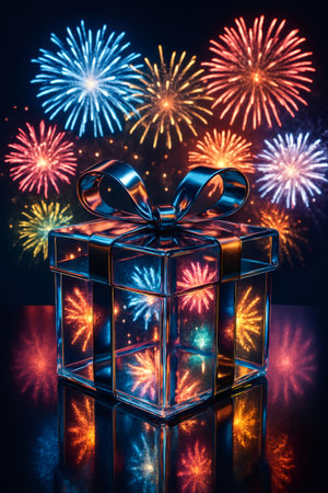 Clear gift box with metallic bow reflecting vibrant fireworks, symbolizing celebration, holidays, and joyの素材