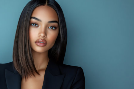 Young woman looking at camera with sleek dark hair and sophisticated makeup. Her chic style radiates beauty and confidenceの素材