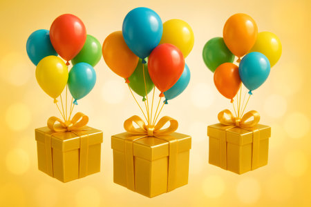 Golden wrapped gift boxes tied with ribbons, holding bunches of vibrant balloons, creating a cheerful celebration or party sceneの素材