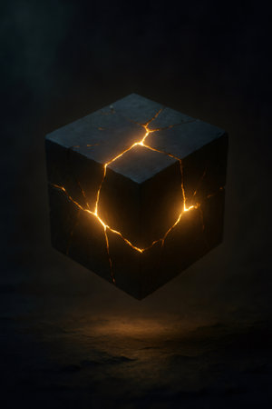 Abstract dark cube floating, emitting intense orange light through its intricate cracks against a dimly lit backgroundの素材