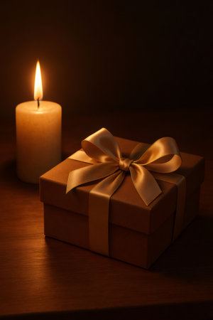 Gift box wrapped with golden ribbon and placed next to a burning candle, symbolizing celebration and surpriseの素材