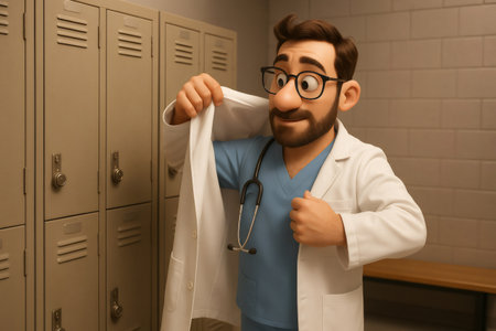 Young male doctor in scrubs and glasses puts on lab coat in hospital locker room, preparing for shift and clinical dutiesの素材