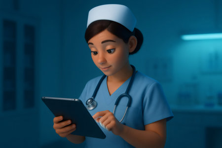 Nurse character using a tablet in a medical setting, representing healthcare technology and digital patient recordsの素材