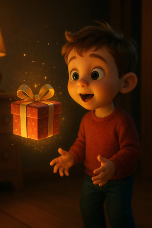 Young boy wide eyed, feeling wonder and excitement watching a glowing red gift with a golden ribbon magically hoveringの素材