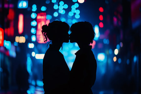 Silhouette of a young couple sharing a tender kiss against a blurred backdrop of colorful, vibrant city lights at nightの素材