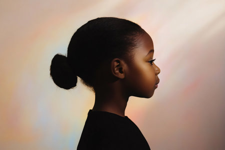 Young black girl looking forward, featuring a clear profile and a low bun, highlighted by soft, colorful lightingの素材