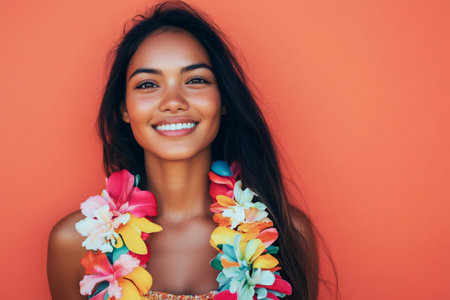 Pacific Islander woman smiling, wearing a traditional floral lei against a vibrant orange background, expressing happiness and tropical joyの素材
