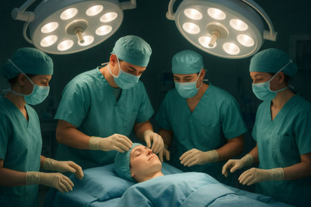 Healthcare professionals wearing scrubs and masks preparing a patient for surgery in a sterile operating room under bright lightsの素材