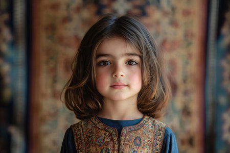 Young child with dark hair posing in traditional embroidered clothing, standing against an ethnic pattern background. Cultural identityの素材