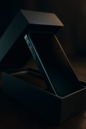 New smartphone revealing from its packaging box, presenting a modern, sleek mobile device in dark, cinematic lightingの素材