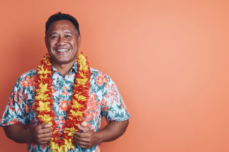 Cheerful Pacific Islander man wearing a colorful flower lei and a Hawaiian shirt, capturing island culture and happinessの素材