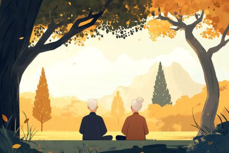 Senior couple sitting together in a field, eyes closed, meditating in a serene autumn landscape with trees and mountainsの素材