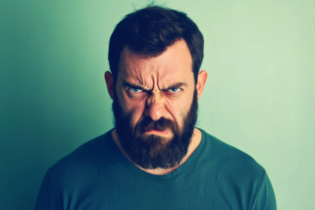 Bearded man making a disgusted face, furrowing eyebrows and crinkling nose, conveying strong negative emotionの素材
