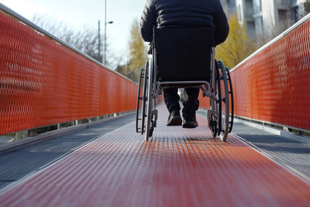 Person in wheelchair moving forward on a modern accessible ramp, showing independence and urban mobilityの素材