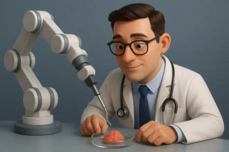 Doctor overseeing a robotic arm performing precise examination of a biological tissue sample in a laboratory settingの素材