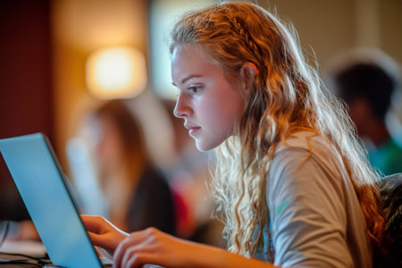 Young woman focusing on a laptop screen, participating in a technical workshop, actively engaging in programming educationの素材