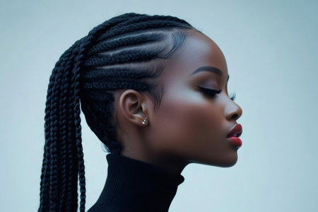 Young black woman wearing micro braids styled into a sleek ponytail, highlighting intricate hair design and contemporary beautyの素材