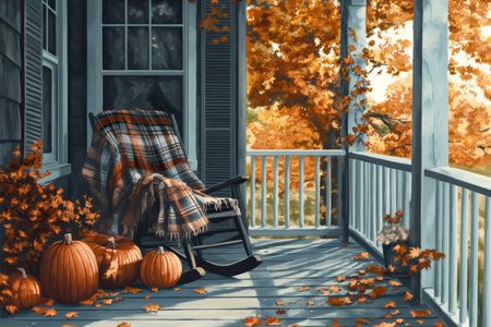 Cozy porch decorated for fall with pumpkins and a rocking chair, evoking a feeling of warmth and autumn comfortの素材