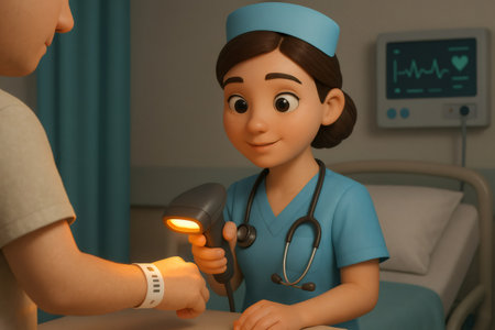 Nurse using a barcode scanner to read a patient identification wristband in a hospital room, ensuring medical accuracyの素材