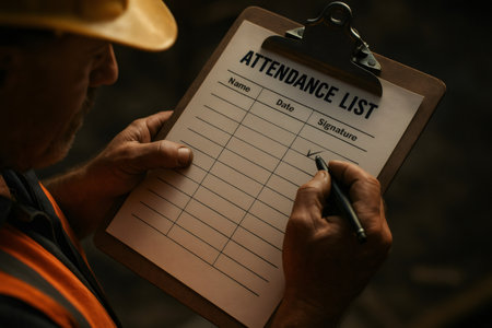 Construction worker completing an attendance list, indicating presence or participation in a work site or meetingの素材