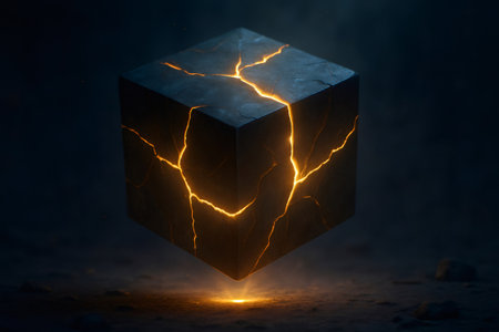 Dark weathered cube glowing bright orange light from deep cracks, symbolizing power, mystery, and energyの素材