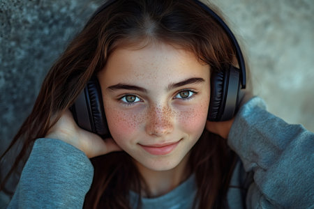 Young girl with freckles looking at camera, listening to audio with headphones, expressing calm and connectionの素材