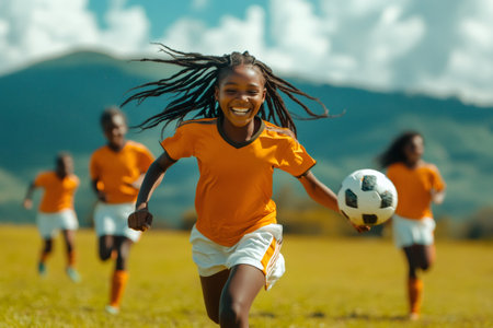 Young happy Black girl with dreadlocks smiling, holding a soccer ball, running on a grass field with friendsの素材