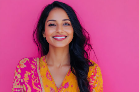 Young Indian woman smiling confidently, wearing a vibrant traditional Indian dress against a bright pink backgroundの素材