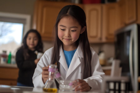 Young Asian girl in lab carefully coat pours liquids between beakers at home, focused on a playful STEM science experiment and learningの素材