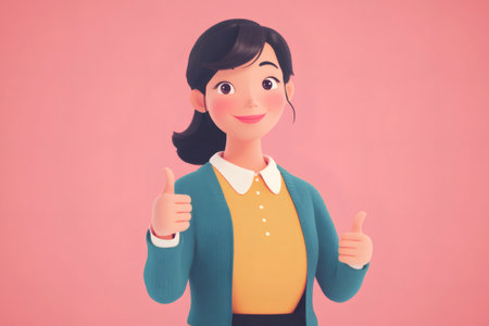 Cheerful 3D woman character smiling, showing an approval gesture with two thumbs up against a pink backgroundの素材
