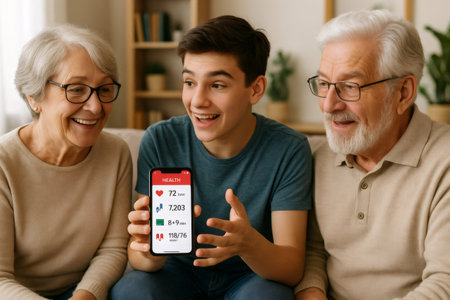 Multigenerational family sitting on sofa, adult grandson teaching grandparents how to use a digital health applicationの素材
