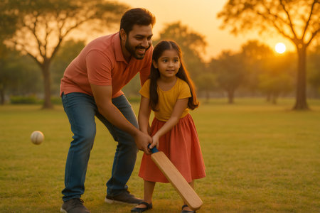 Happy Indian father and young daughter enjoying a cricket lesson outdoors during golden hour, fostering family bonding and learningの素材