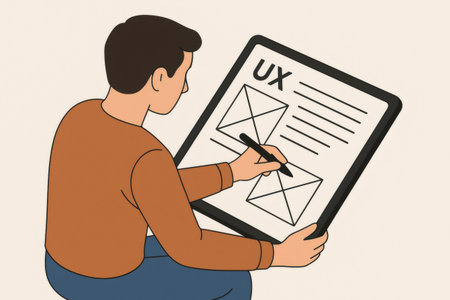 Person sketching a user experience design on a digital tablet, creating interface wireframes and planning website layoutの素材