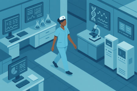 African American nurse walking through a sterile medical laboratory, featuring scientific equipment, computers, and DNA research displaysの素材