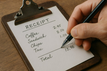 Person calculating expenses on a paper receipt, reviewing itemized costs and preparing for payment. Focus on financial managementの素材