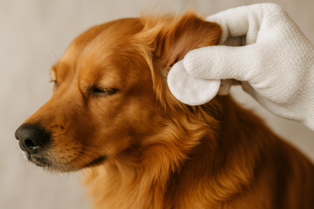 Person wearing glove gently cleans golden retriever's ear with cotton pad, close up pet care and grooming for canine hygiene and wellnessの素材