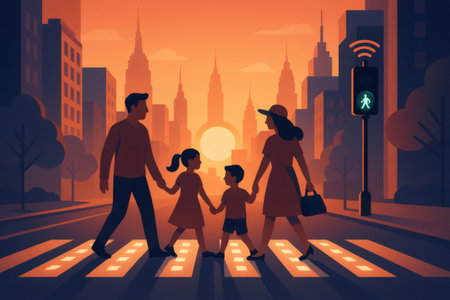 Family including parents, daughter, and son holding hands, crossing a smart pedestrian crosswalk in a city at sunsetの素材
