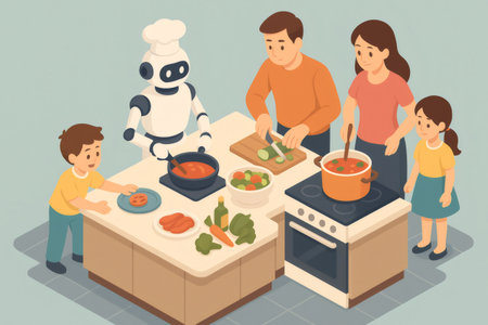 Family including parents, kids, and a robot chef preparing food together, illustrating futuristic domestic life and smart home technologyの素材