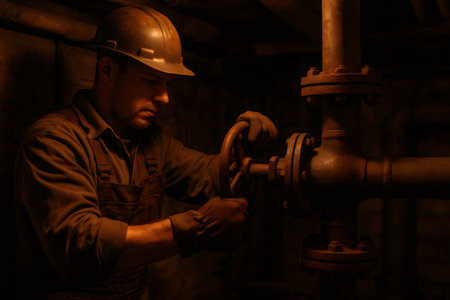 Worker in hard hat and gloves carefully turning a large industrial valve on rusty pipes, performing essential system maintenanceの素材