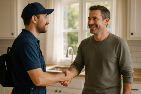 Homeowner and plumber smiling, shaking hands after home service. Showing trust, agreement, and good customer serviceの素材