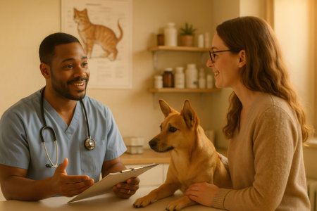 Veterinarian in scrubs explaining medical information to a smiling dog owner, while the dog sits calmly on the examination tableの素材