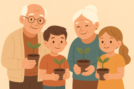 Grandparents and grandchildren holding small plant seedlings, showing family generations nurturing life and connecting with natureの素材
