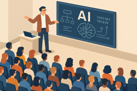 Professor presenting an AI topic to an audience in a lecture hall. Concept of education, learning, technology, and innovationの素材