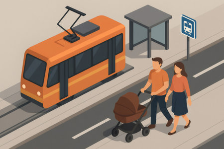 Parents pushing a baby stroller on a city sidewalk next to a tram passing by a public transport stop. Commuting in urban lifeの素材
