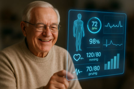 Elderly man viewing futuristic holographic interface displaying vital signs and health data. Concept of digital medicine and aging wellの素材