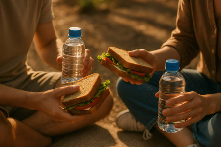 Hands holding homemade sandwiches and water bottles during an outdoor picnic. Healthy and refreshing meal in natureの素材