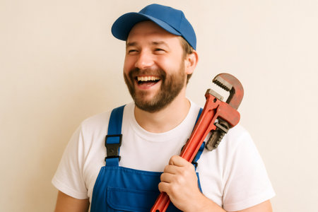 Smiling plumber in uniform laughing cheerfully, holding a pipe wrench on his shoulder, representing skilled tradeの素材