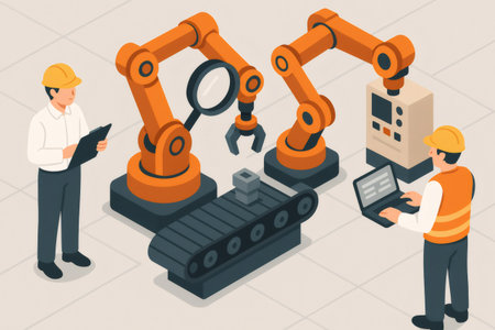 Engineers monitoring quality control using robotic arms with magnifying glass and laptop, ensuring efficient industrial automation and productionの素材